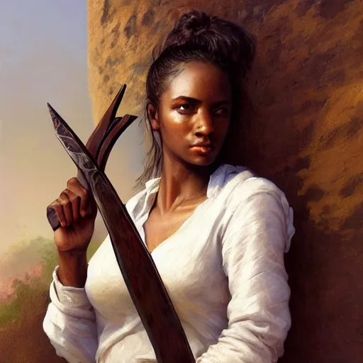 Image similar to artstation concept of a beautiful girl holding a sword in both hands, brown skin, sweaty skin, symmetrical face, casual white garment, brown canyon background, shiny colorful, hyperdetailed, artstation trending, world renowned artists, worth1000.com, historic artworks society, antique renewel, cgsociety, by greg rutkowski, by Gustave Dore, Deviantart