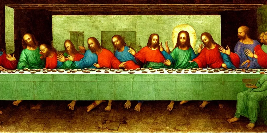 Image similar to the last supper with green sentient blobs, horror, painted by leonardo da vinci