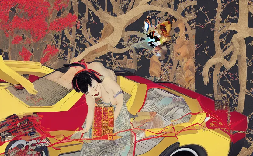 Image similar to a red delorean and yellow tiger, art by hsiao - ron cheng and utagawa kunisada, magazine collage, no humans, # de 9 5 f 0