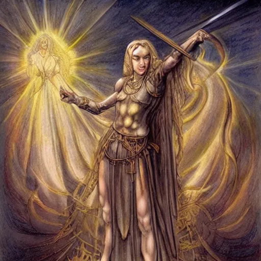 Prompt: jeanne d'arc in the style of william blake, terese nielsen, detailed, intricate, beautiful faces, steve argyle, triumphant fate, pastoral fantastic reality, photorealistic