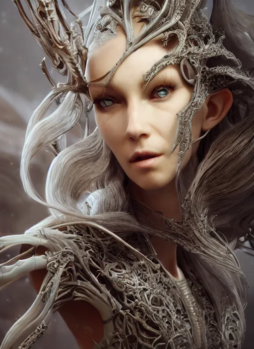 Prompt: stunning biomechanical impish elven incredible hair, masterpiece crystalline incrustations, hyperdetailed face, elegant pose, movie still, intricate, octane render, cinematic lighting, cgsociety, unreal engine,