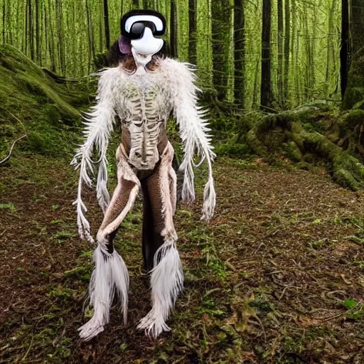 Prompt: a full body portrait of a hyphae biomechanoid time traveller shaman with bone virtual reality biocouture headset brain to brain sensing interface exoskeleton feathered snake mask made of fungal mycelial furry mats jungle