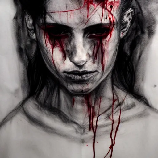 Prompt: Portrait of Belial. fear inspiring mood. by Agnes Cecile but in charcoal and blood. on a pergament parchment.