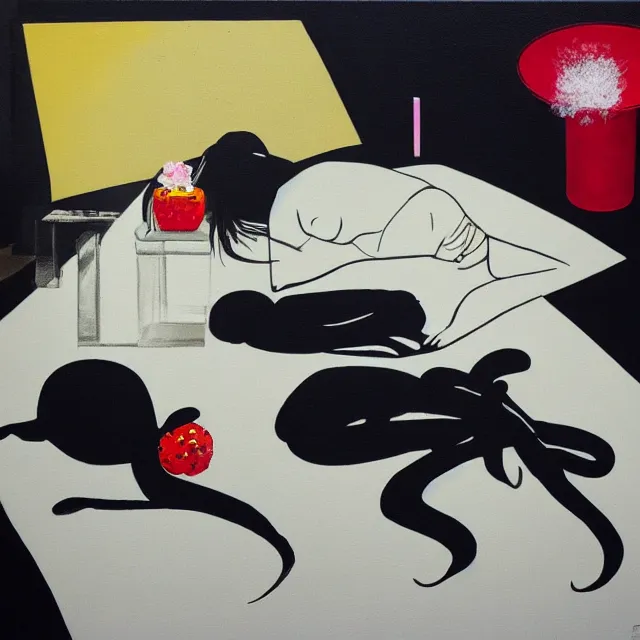 Prompt: empty room with black walls, sensual portrait of a woman sleeping, japanese vase, white flowers, puddle of water, octopus, squashed berries, neo - expressionism, surrealism, acrylic and spray paint and oilstick on canvas