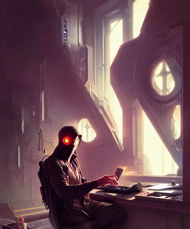 Image similar to Hacker man hacks computer, highly detailed, digital painting, artstation, concept art, smooth, sharp focus, illustration, art by artgerm and greg rutkowski and alphonse mucha