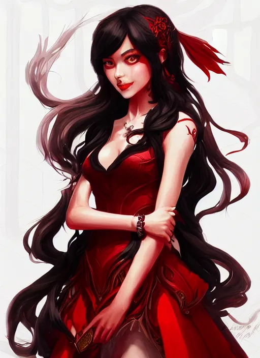 Image similar to a highly detailed illustration of hime cut black long haired woman wearing red dress, elegant smiling pose, perfect face, perfect body, intricate, elegant, highly detailed, centered, digital painting, artstation, concept art, smooth, sharp focus, league of legends concept art, wlop