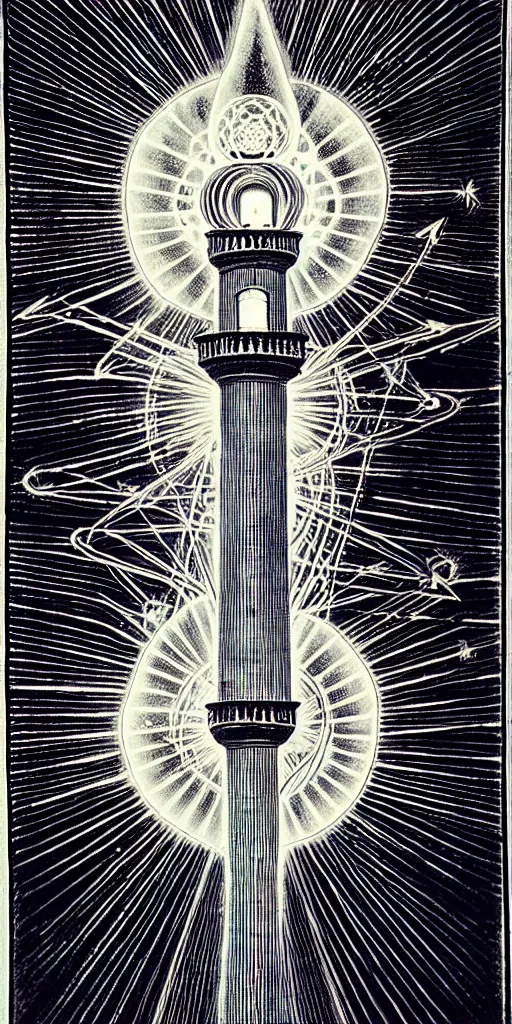 Image similar to an alchemical fiery lighthouse ego - self axis radiates a unique canto'as above so below'while being ignited by the spirit of haeckel and robert fludd, breakthrough is iminent, glory be to the magic within, in honor of saturn, painted by ronny khalil with dramatic lighting from the blue fire's glow