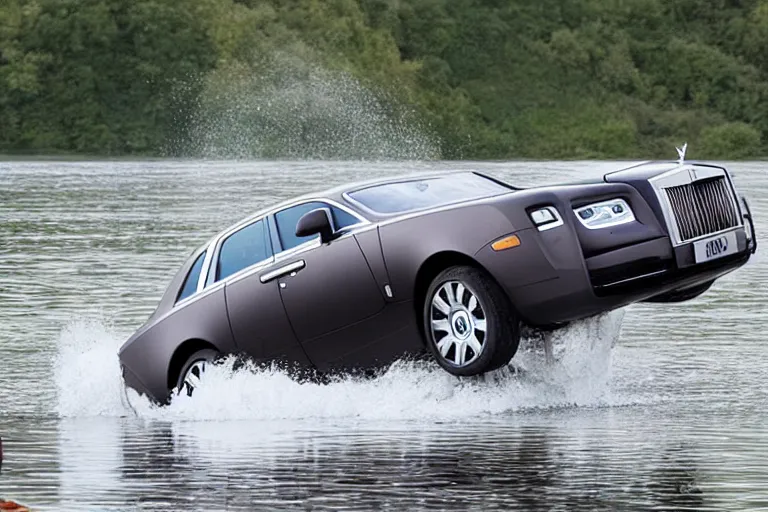 Image similar to Teenagers push Rolls-Royce into lake with their hands from a small slide wanting to drown him