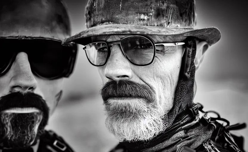 Prompt: cinestill 5 0 d candid photographic portrait by helen levitt of heisenberg wearing rugged black mesh techwear on a dirtbike through a desolate plain, extreme closeup, modern cyberpunk moody emotional cinematic, dust storm, 8 k, hd, high resolution, 3 5 mm, f / 3 2, ultra realistic faces, ex machina