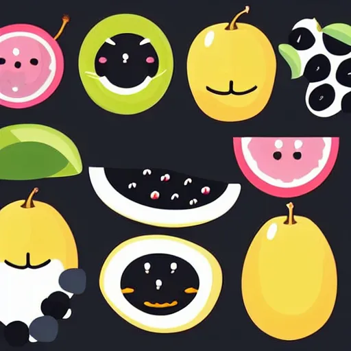 Image similar to a set of kawaii fruits isolated on white background, stylized, cartoon, cute, vector graphics, trending on pinterest, featured on artsation, high quality, smooth graphics, fine edges,