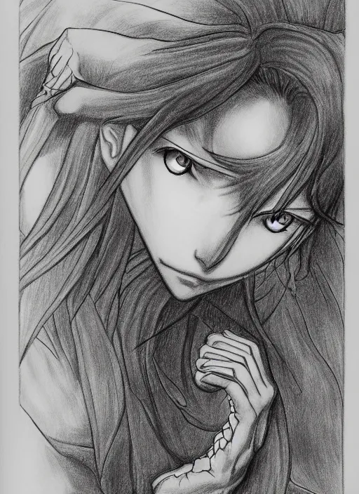 Image similar to line art pencil drawing of a chimera of a sad woman with big crying eyes,, art by shinichi sakamoto and kentaro miura