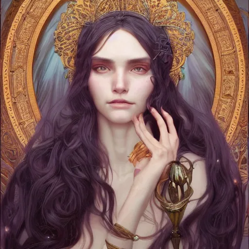 Image similar to god and goddess, white hair, long hair, gorgeous, amazing, elegant, intricate, highly detailed, digital painting, artstation, concept art, sharp focus, illustration, art by artgerm and greg rutkowski and alphonse mucha