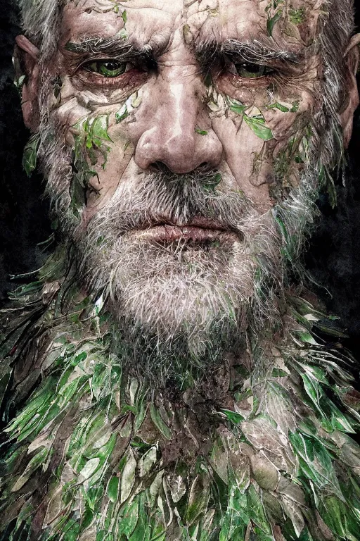 Image similar to portrait of hairy old man with aquarelle painted skin. close up. very dark black hair, green eyes. intricate dark flowers pattern in face and background, high detail, by greg rutkowski