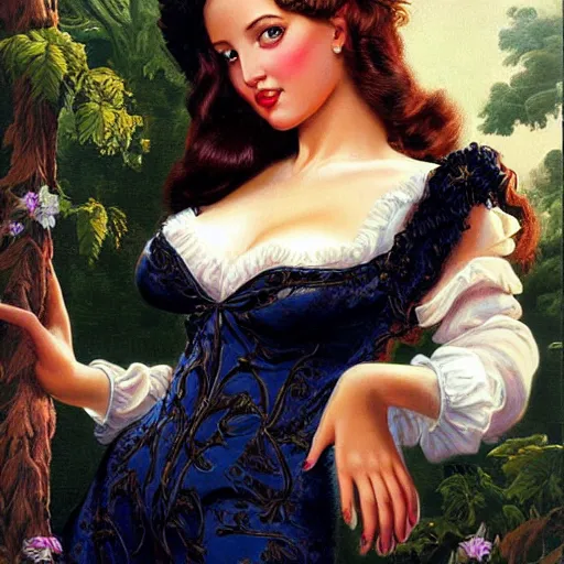 Prompt: beautiful woman with long hair, ultra detailed, beautiful, by greg hildebrandt fancy rococo baroque oil painting high quality clothed in pin up style