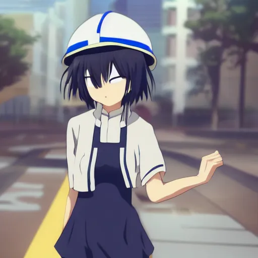 Image similar to anime waifu wearing OSHA compliant clothing, anime key visual, Makoto Shinkai, bokeh, Long shot, Midday,