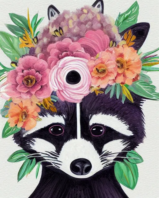 Prompt: a painting of a raccoon wearing a flower crown, a storybook illustration by naomi okubo, pinterest contest winner, furry art, made of flowers, storybook illustration, whimsical, muted colors, white paper background