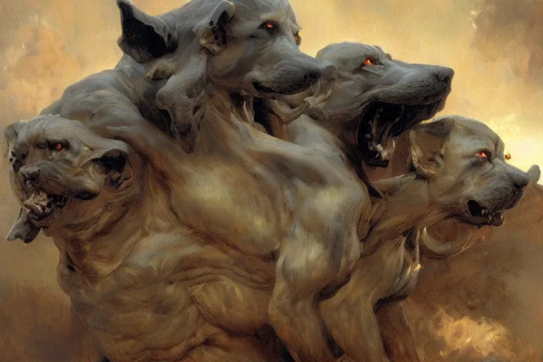 Prompt: hyperdetailed matte art of cerberus by ilya repin, amano, rene magritte, craig mullins