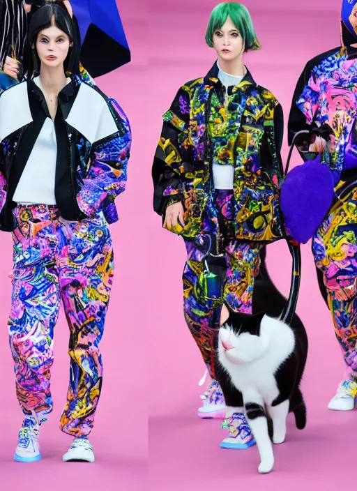 Image similar to hyperrealistic and heavy detailed balenciaga runway show of cats by lisa frank, leica sl 2 5 0 mm, vivid color, high quality, high textured, real life