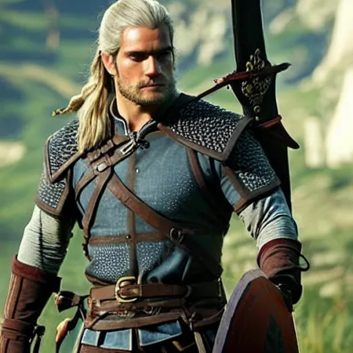 Prompt: Henry Cavill as Geralt of Rivia in The Legend of Zelda Breath of the Wild