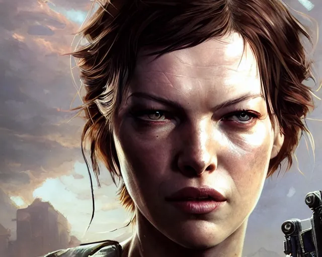 Image similar to highly detailed portrait of milla jovovich, in the last of us, stephen bliss, unreal engine, fantasy art by greg rutkowski, loish, rhads, ferdinand knab, makoto shinkai and lois van baarle, ilya kuvshinov, rossdraws, tom bagshaw, global illumination, radiant light, detailed and intricate environment