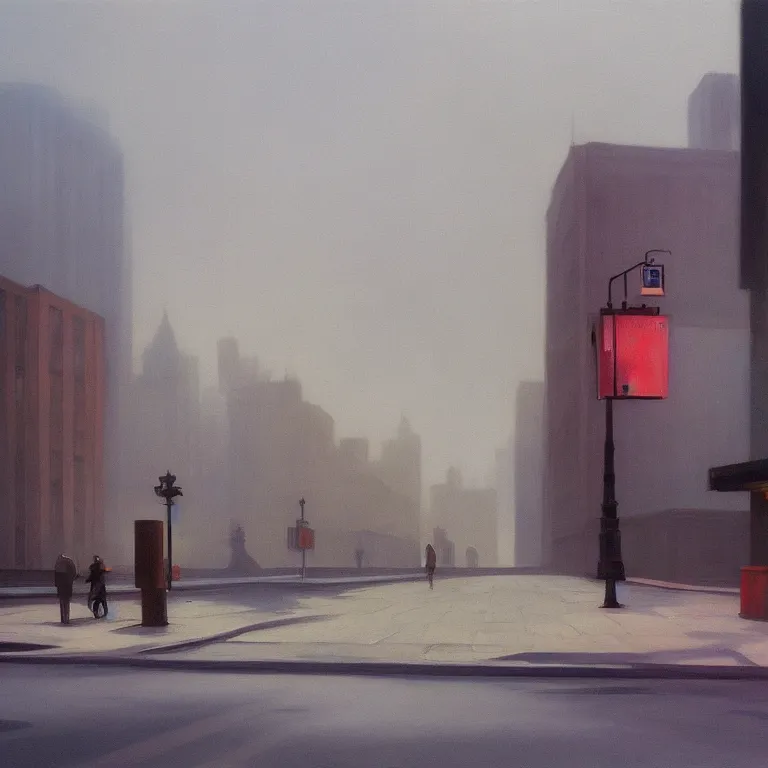 Prompt: city fog, early morning, streets with trash, painted by Edward Hopper, painted by Wayne Barlow, airbrush