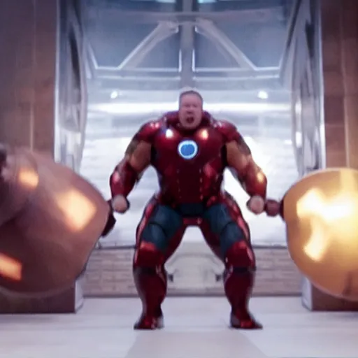 Image similar to obese rotund ironman lifting mjolnir, cinematic shot from the avengers movie