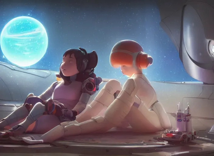 Prompt: a pretty robot girl and her alien space cat sleeping in a spaceport in a space opera ghibli animated film, volumetric lighting, octane render by stanley artgerm lau, greg rutkowski, thomas kindkade, alphonse mucha, loish, norman rockwel, highly detailed