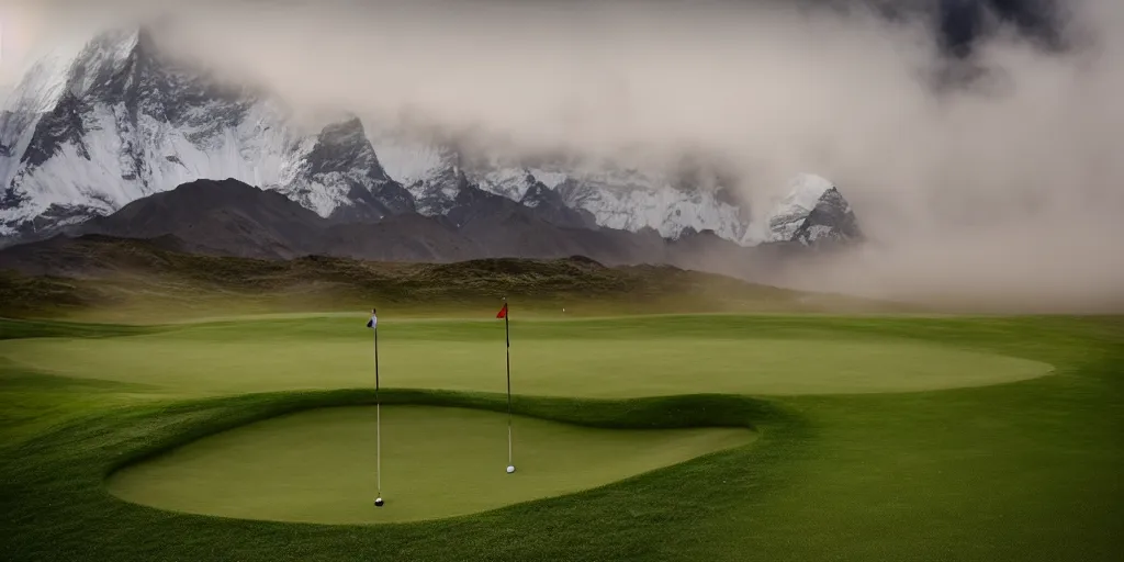 Image similar to a great photograph of the most amazing golf hole in the world, on top of the mount everest, ambient light, golf digest, top 1 0 0, fog