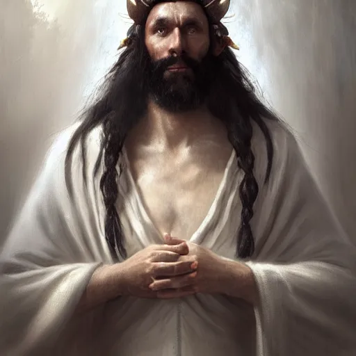 Prompt: a beautiful portrait of an epic wise fantasy shaman elf man with long black hair a black beard and white robes with gold hoop earrings holding his hands up in praise to his god, oil painting, Greg Rutkowski, Charlie Bowater, white robes, unreal 5, DAZ, hyperrealistic, octane render, RPG portrait, dynamic lighting, fantasy art, beautiful face