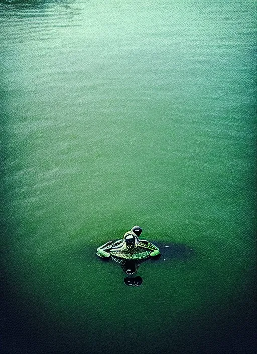 Image similar to “frog in jesus christ pose vertically hovering above calm lake waters, distant misty forest horizon, low angle shot, long cinematic shot by Andrei Tarkovsky, paranormal, eerie, mystical”