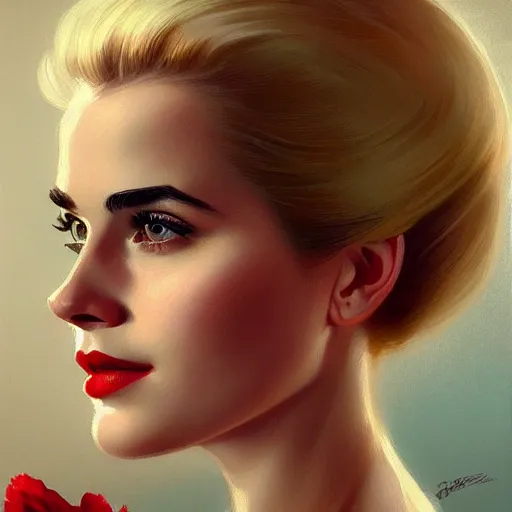 Image similar to A combination of Grace Kelly's and Emma Watson's faces with blonde hair and red lipstick, western, D&D, fantasy, intricate, elegant, highly detailed, digital painting, artstation, concept art, matte, sharp focus, illustration, art by Artgerm and Greg Rutkowski and Alphonse Mucha
