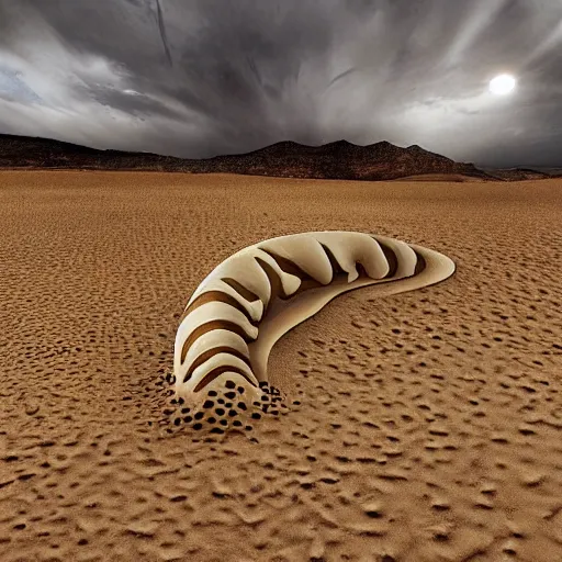 Prompt: a giant trypophobia sand worm attacks warriors in a snowy desert by the artist daniel oldenburg