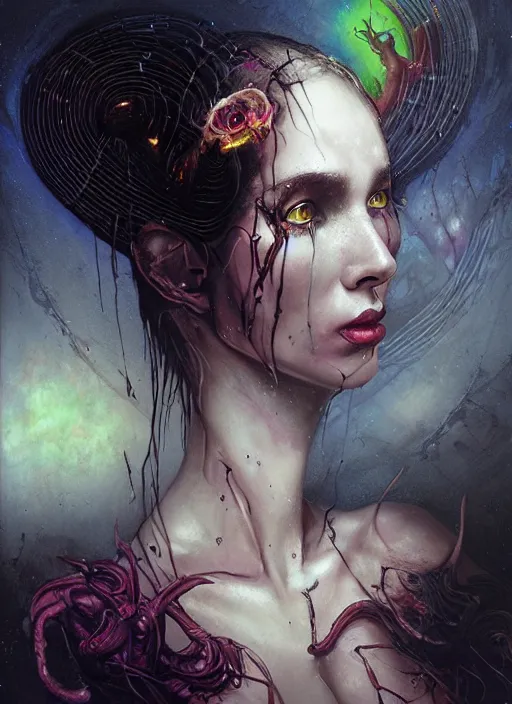 Image similar to dream portrait of a succubus in a dark ancient attic room, melting ,8k,by tristan eaton,Stanley Artgermm,Tom Bagshaw,Greg Rutkowski,Carne Griffiths, Ayami Kojima, Beksinski, Giger,trending on DeviantArt,face enhance,hyper detailed,minimalist,cybernetic, android, blade runner,full of colour