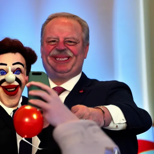 Prompt: president with clown head taking a selfie in a podium next to first minister