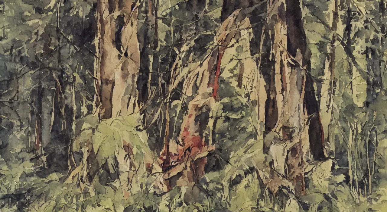 Image similar to close up portrait of Indian natives are waiting, hidden in the woods, watercolour by Hugo Pratt, oil on canvas