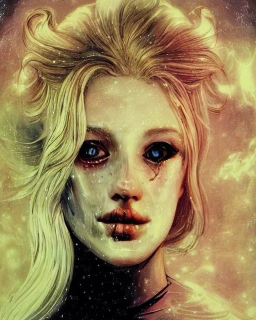 Image similar to a beautiful and eerie baroque painting of a gorgeous woman in dead space, with wild blonde hair and haunted eyes and freckles, 1 9 7 0 s, seventies, space station, neon light showing injuries, delicate ex embellishments, painterly, offset printing technique