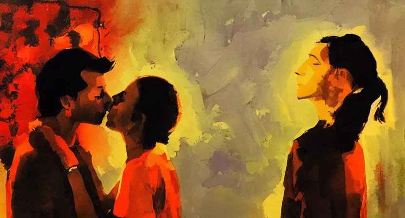 Prompt: people kissing, artwork by salman toor, cinematic light, atmospheric effects