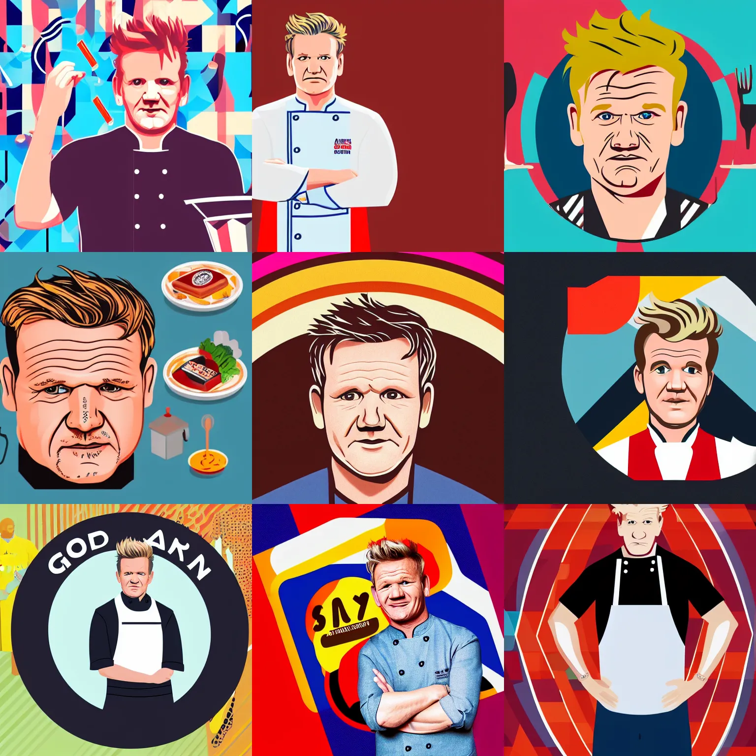 Prompt: A portrait of Gordon Ramsay with a chef uniform, geometric style, candy colors, rounded corners, isometric view