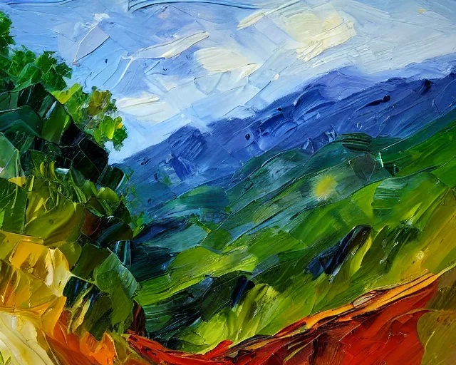 Prompt: palette knife oil painting of a lush canyon landscape
