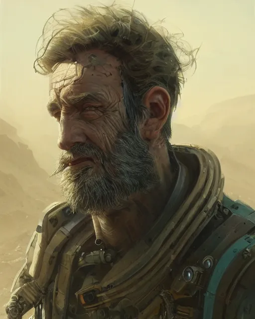 Prompt: a rugged middle aged engineer man with cybernetic enhancements and peculiar hair lost in the desert, scifi character portrait by greg rutkowski, esuthio, craig mullins, short beard, green eyes, 1 / 4 headshot, cinematic lighting, dystopian scifi gear, gloomy, profile picture, mechanical, half robot, implants, steampunk