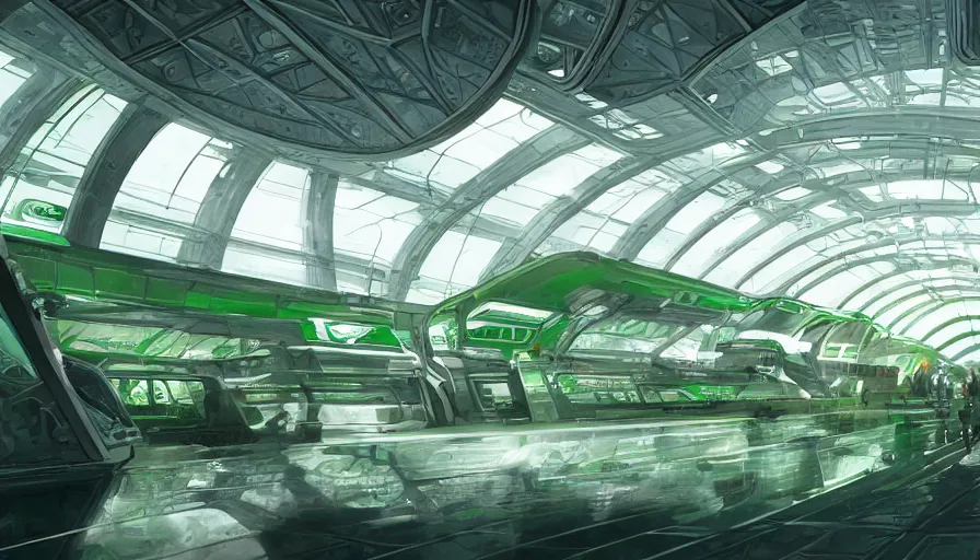 Prompt: interior of a green and white futuristic train station, hyperdetailed, artstation, cgsociety, 8 k