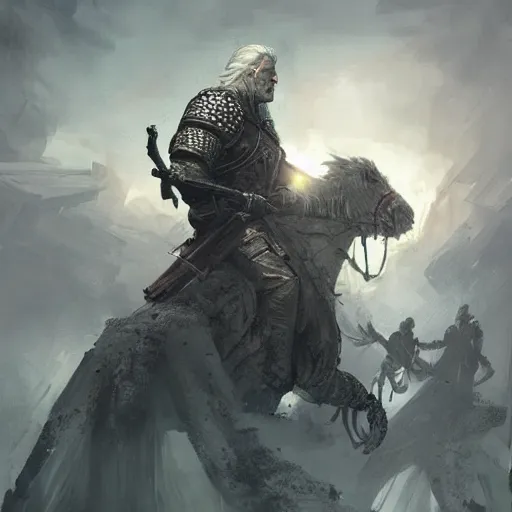 Prompt: geralt killing hydra with 6 heads, greg rutkowski,