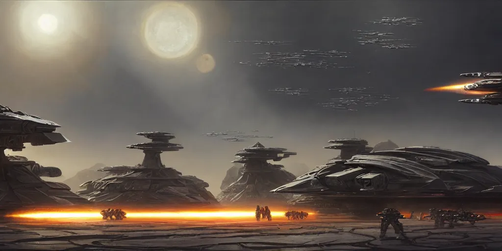 Image similar to hyper realistic sci - fi matte concept art painting of epic cinematic battle between a variety of mechwarriors fighting on mercury with solar panels in background, brightly lit!, beautiful details, strong composition painted by kim jung guweta studio rutkowski, james gurney and greg rutkowski, and lucasfilm, smooth, intricate, detailed, sharp focus, cinematic