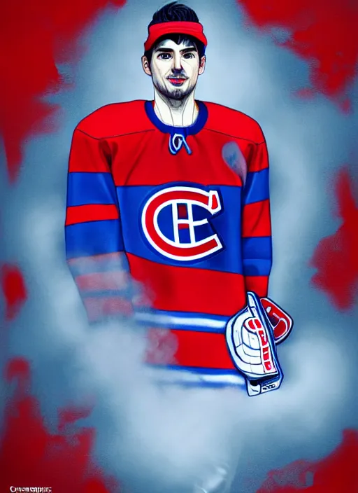 Image similar to habs carey price goalie, fog bionic vogue, james jean, trending on artstation