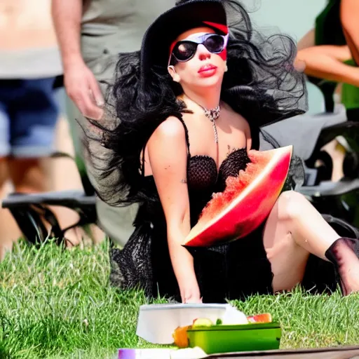 Image similar to lady gaga eating watermelon sitting on the streen, flies flying around