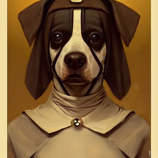 Image similar to portrait of a dystopian cute dog wearing an outfit inspired by the handmaid ’ s tale ( 2 0 1 7 ), intricate, headshot, highly detailed, digital painting, artstation, concept art, sharp focus, cinematic lighting, digital painting, art by artgerm and greg rutkowski, alphonse mucha, cgsociety