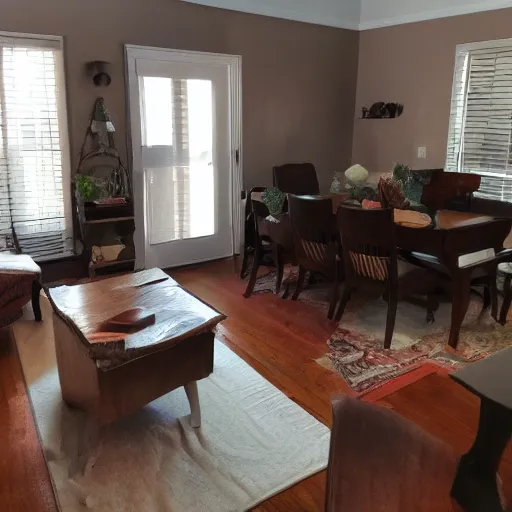 Image similar to a real estate home interior photo. there is a ghost sitting in a chair.