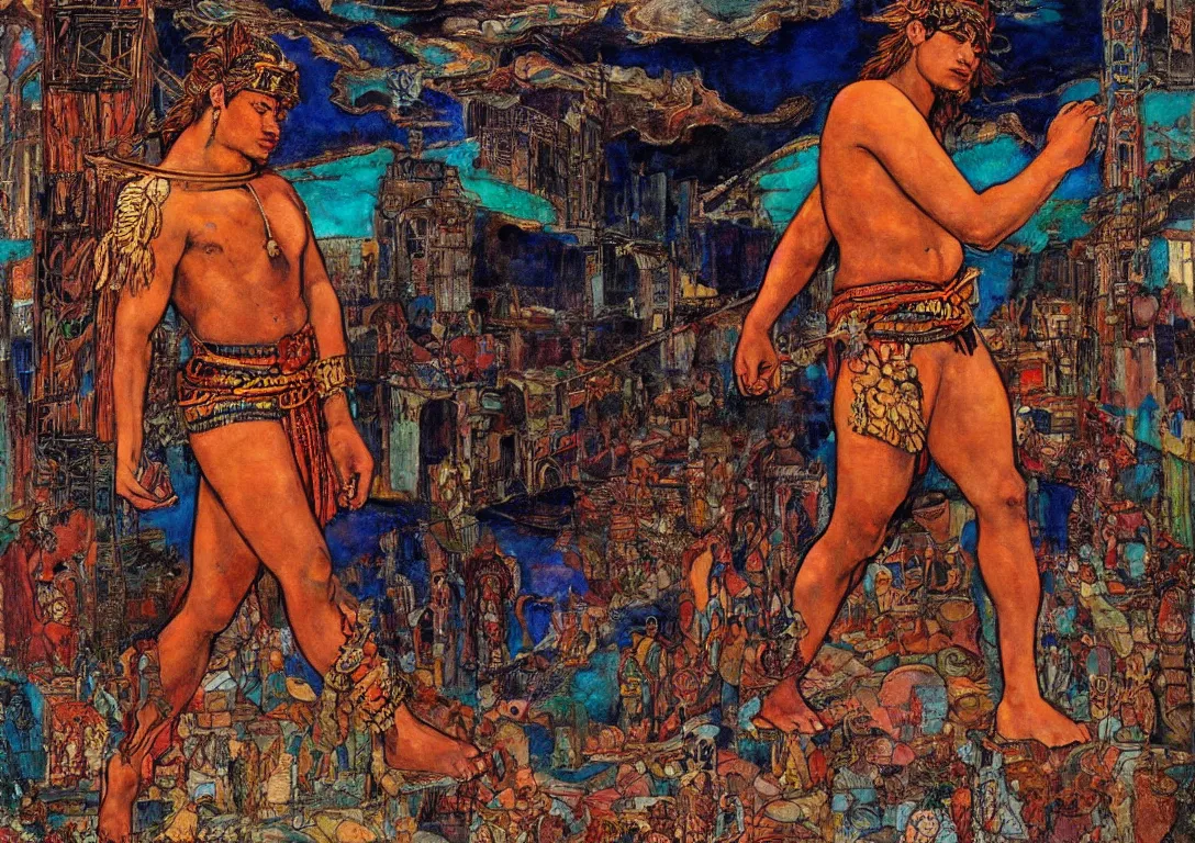 Image similar to a polynesian greek god searching through the streets of an abandoned city, sparse detail, complementary color scheme, by george luks, mati klarwein and moebius