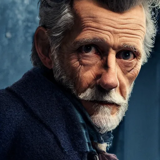 Image similar to tom holland as a rough dirty old man with a scruffy beard in a dark blue trenchcoat as the new doctor who, cinematic, volumetric lighting, f 8 aperture, cinematic eastman 5 3 8 4 film, photorealistic