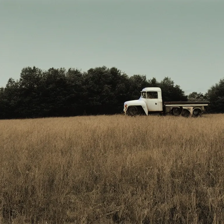 Prompt: a truck made of marble in a field of grass, film photo, soft lighting album cover, nostalgia, gradient